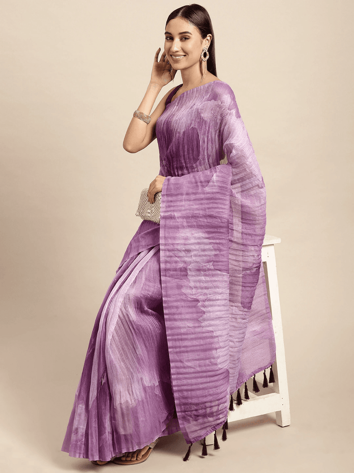 Lavender Pleated Organza Saree with Subtle Tie Dye Effect & Tassel Pallu
