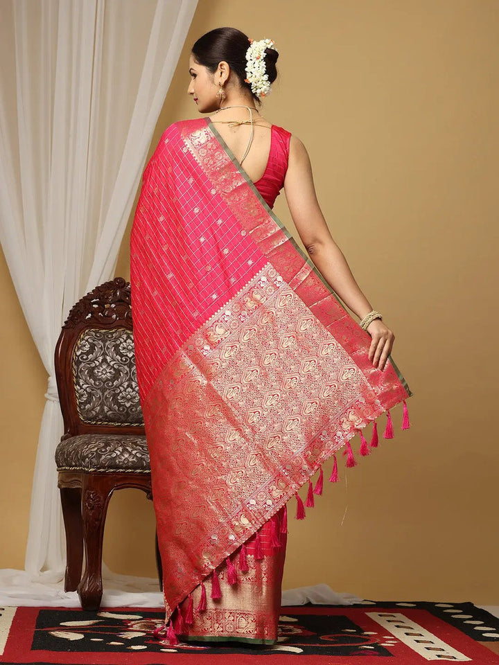 Pink Banarasi Silk Saree with Golden Zari Weaving & Rich Pallu