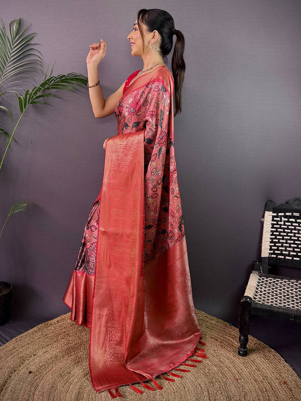 Red & Pink Soft Silk Saree with Textured Digital Print and Rich Red Woven Zari Pallu