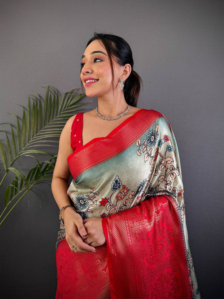 Red & Ivory Soft Silk Saree with Digital Paisley Print and Rich Red Woven Zari Pallu