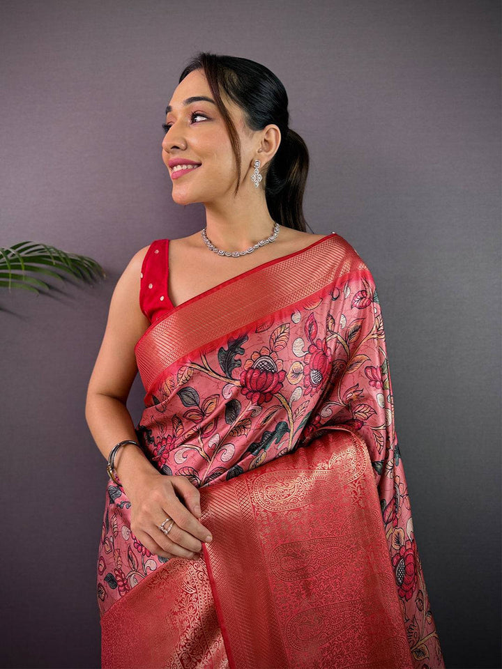 Red & Pink Soft Silk Saree with Textured Digital Print and Rich Red Woven Zari Pallu