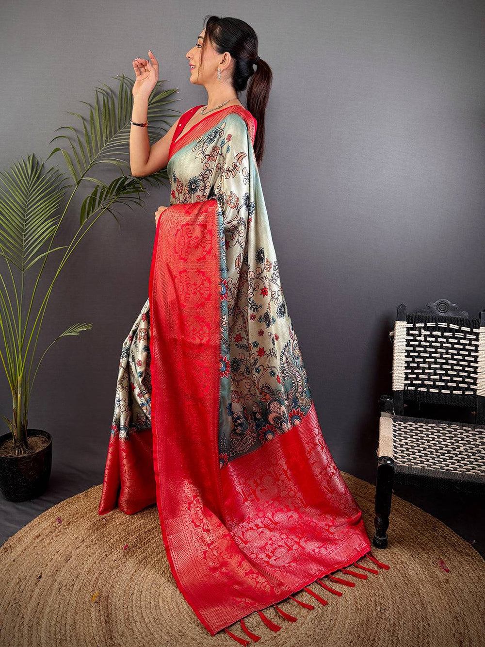 Red & Ivory Soft Silk Saree with Digital Paisley Print and Rich Red Woven Zari Pallu