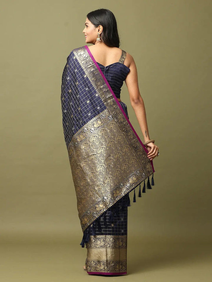 Navy Blue Banarasi Silk Saree with Golden Zari Weaving & Contrast Border