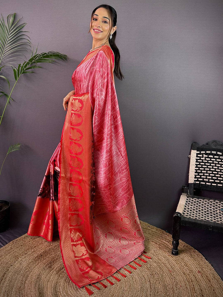 Red & Pink Soft Silk Saree with Textured Digital Print and Rich Red Woven Zari Pallu