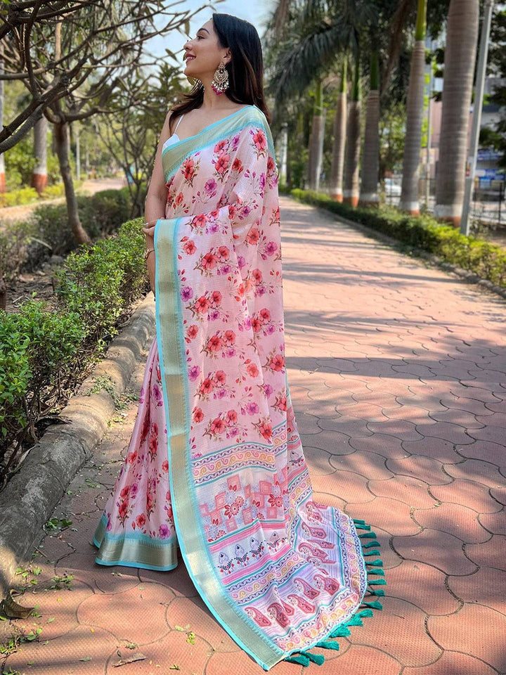 Elegant Pink Floral Printed Linen Saree With Contrast Mint Green Border & Tassels