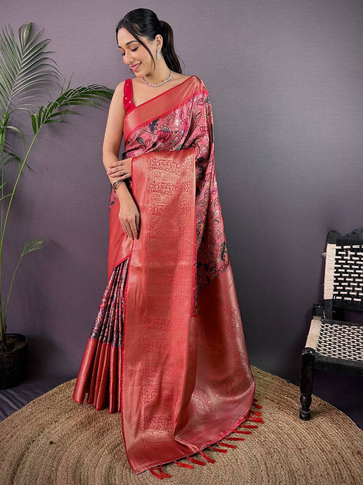 Red & Pink Soft Silk Saree with Textured Digital Print and Rich Red Woven Zari Pallu