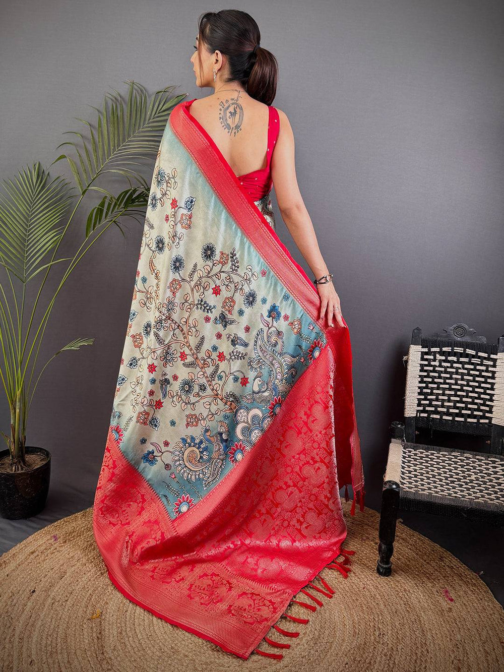 Red & Ivory Soft Silk Saree with Digital Paisley Print and Rich Red Woven Zari Pallu