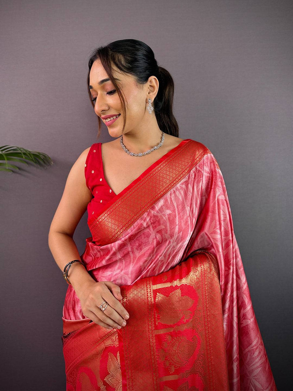 Red & Pink Soft Silk Saree with Textured Digital Print and Rich Red Woven Zari Pallu