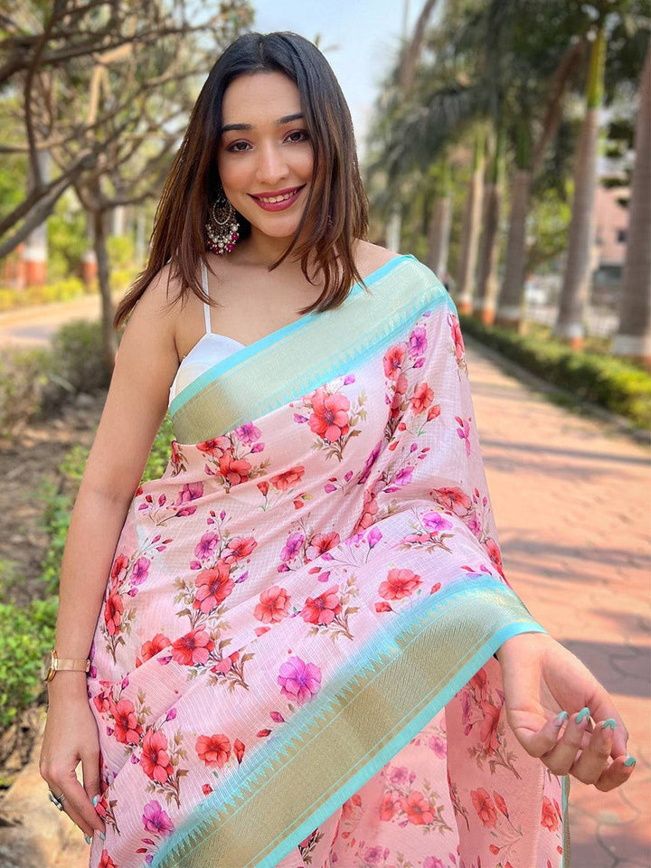 Elegant Pink Floral Printed Linen Saree With Contrast Mint Green Border & Tassels