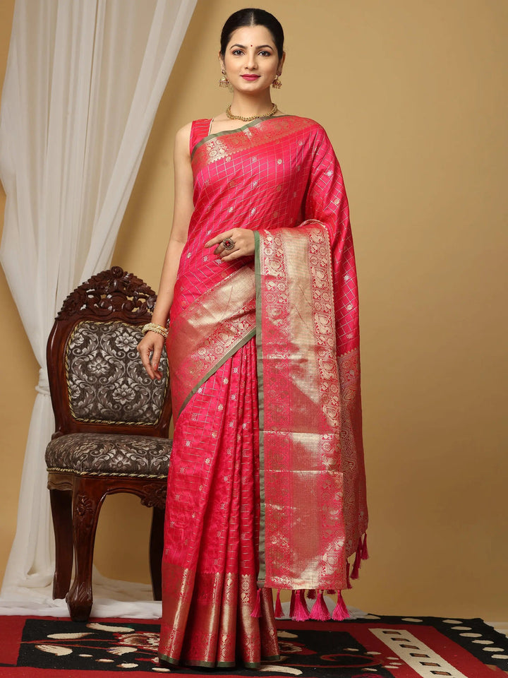 Pink Banarasi Silk Saree with Golden Zari Weaving & Rich Pallu
