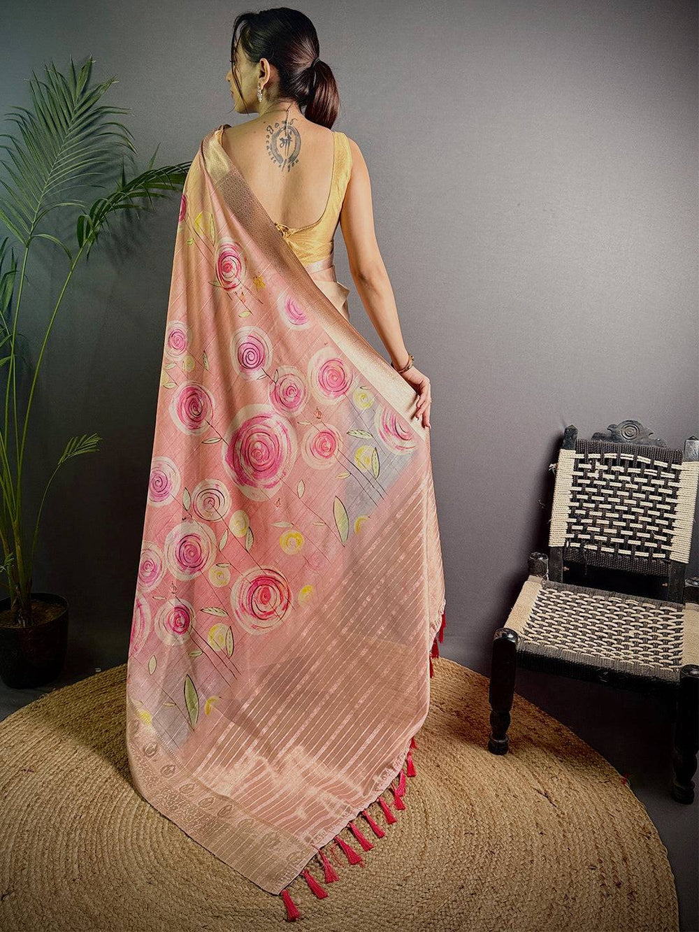 Peach Soft Silk Saree with Pink Floral Digital Print and Woven Zari Border