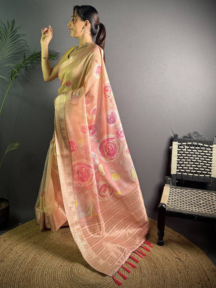 Peach Soft Silk Saree with Pink Floral Digital Print and Woven Zari Border