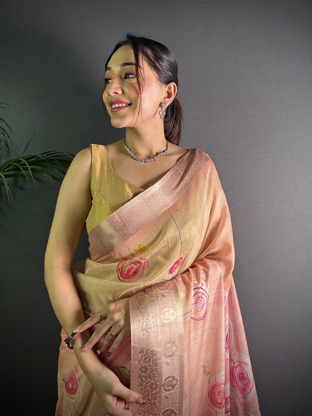 Peach Soft Silk Saree with Pink Floral Digital Print and Woven Zari Border