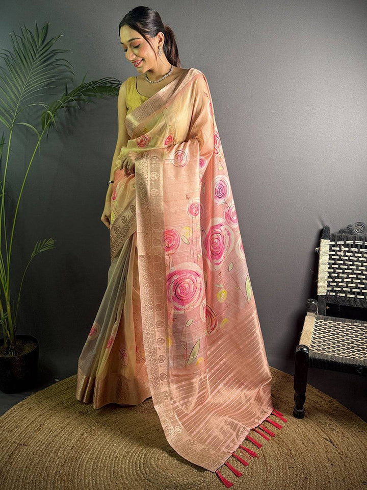 Peach Soft Silk Saree with Pink Floral Digital Print and Woven Zari Border