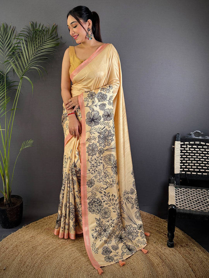 Cream Soft Silk Saree with Black Floral Digital Print and Peach Woven Border