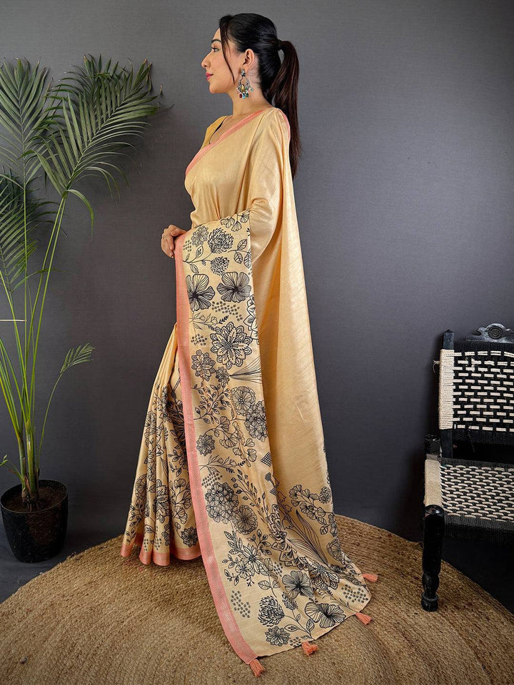 Cream Soft Silk Saree with Black Floral Digital Print and Peach Woven Border