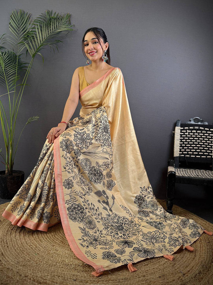 Cream Soft Silk Saree with Black Floral Digital Print and Peach Woven Border