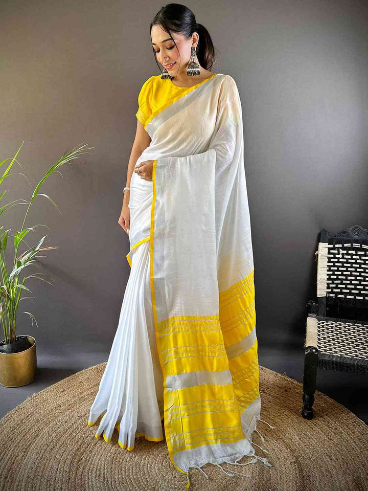 White & Yellow Kerala Cotton Saree with Golden Zari Stripes