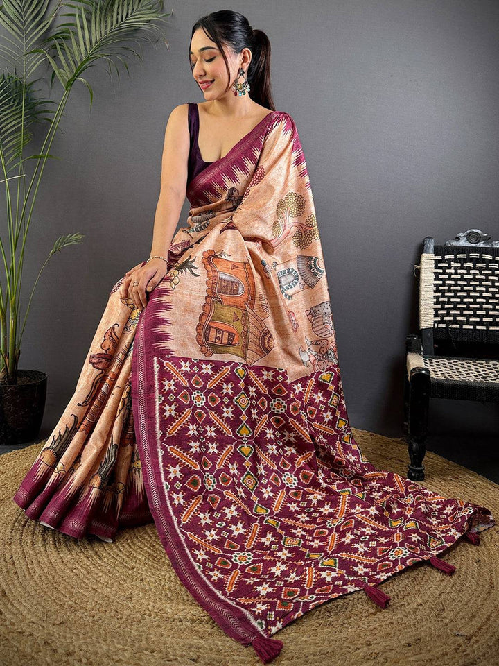 Peach & Maroon Soft Silk Saree with Digital Kalamkari Artwork and Ikat-Style Pallu