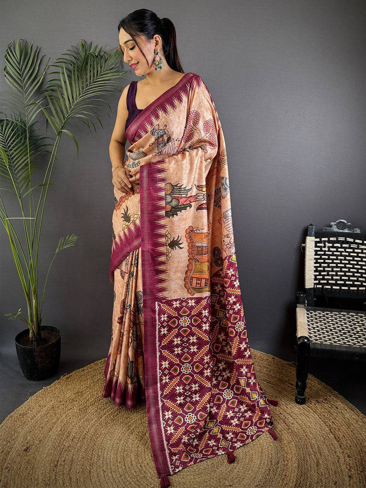 Peach & Maroon Soft Silk Saree with Digital Kalamkari Artwork and Ikat-Style Pallu