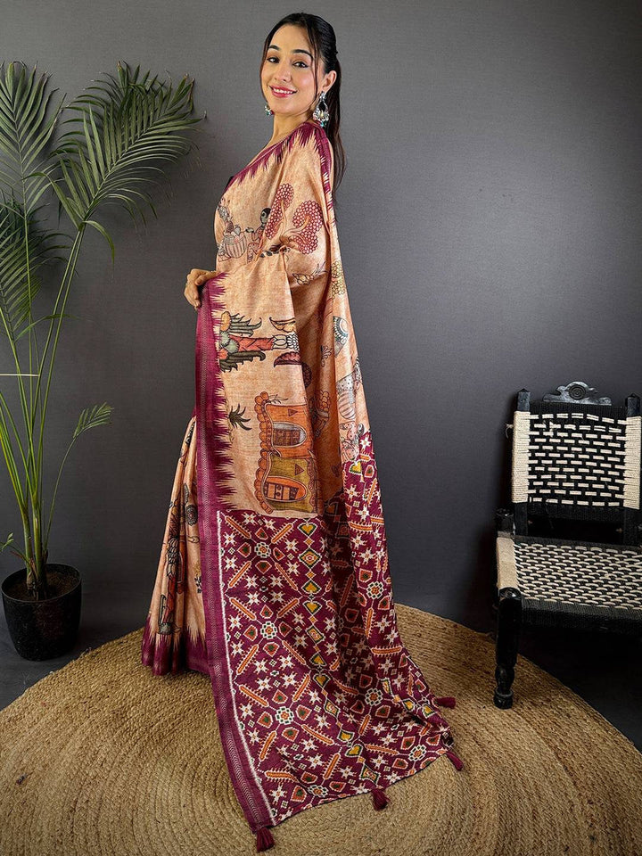 Peach & Maroon Soft Silk Saree with Digital Kalamkari Artwork and Ikat-Style Pallu