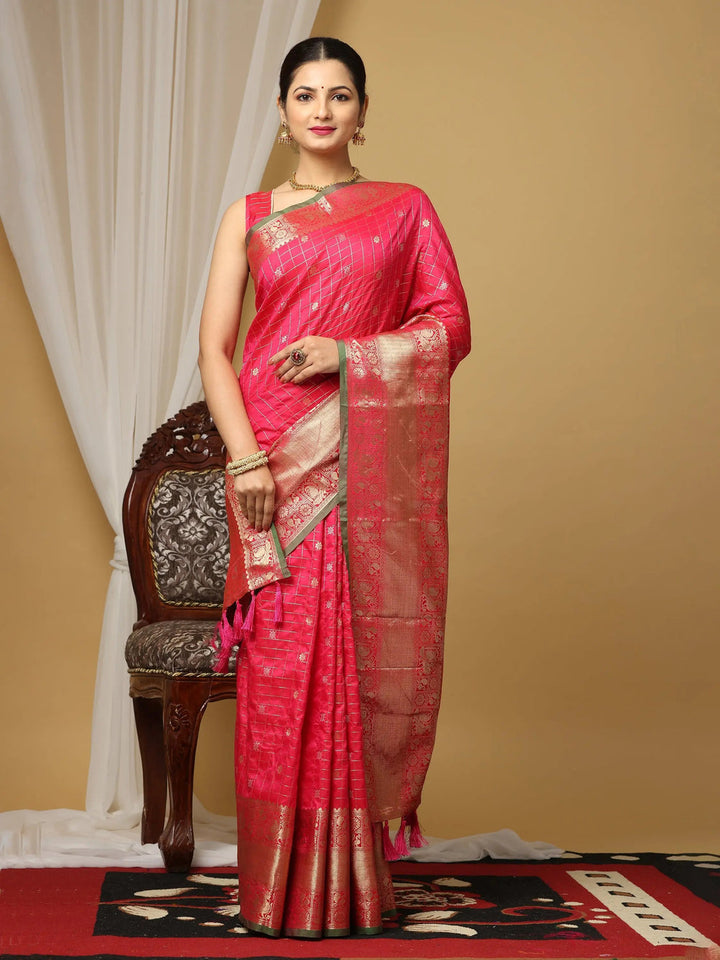 Pink Banarasi Silk Saree with Golden Zari Weaving & Rich Pallu