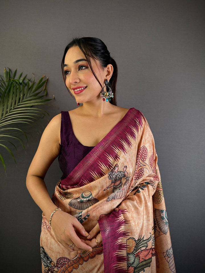 Peach & Maroon Soft Silk Saree with Digital Kalamkari Artwork and Ikat-Style Pallu