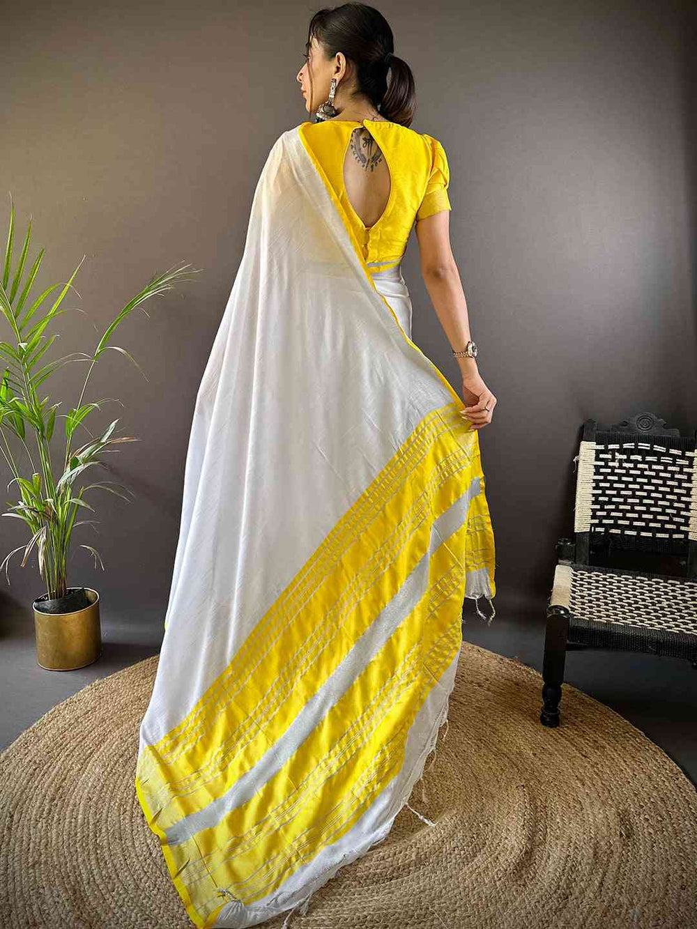 White & Yellow Kerala Cotton Saree with Golden Zari Stripes