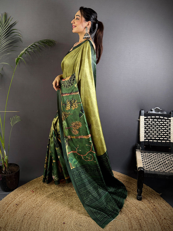 Olive Green Soft Silk Saree with Forest Themed Digital Print and Woven Green Border