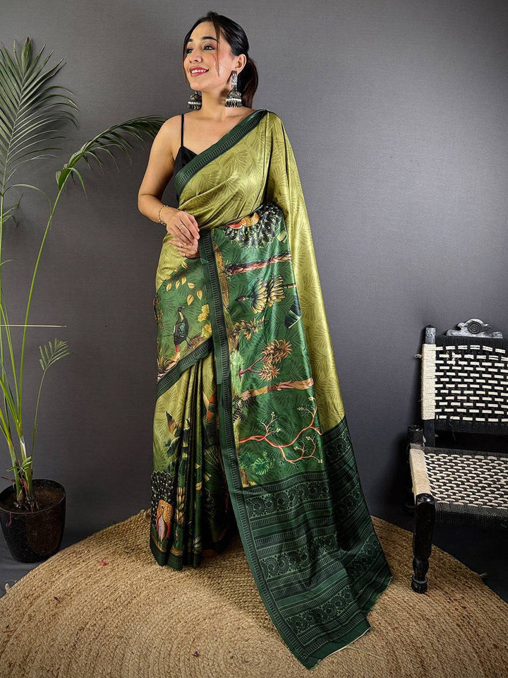 Olive Green Soft Silk Saree with Forest Themed Digital Print and Woven Green Border