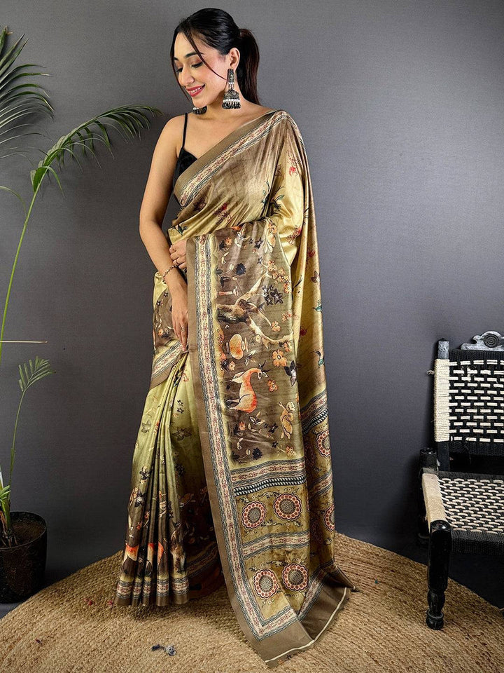 Olive Brown Soft Silk Saree with Digital Kalamkari–Style Artwork and Traditional Woven Border