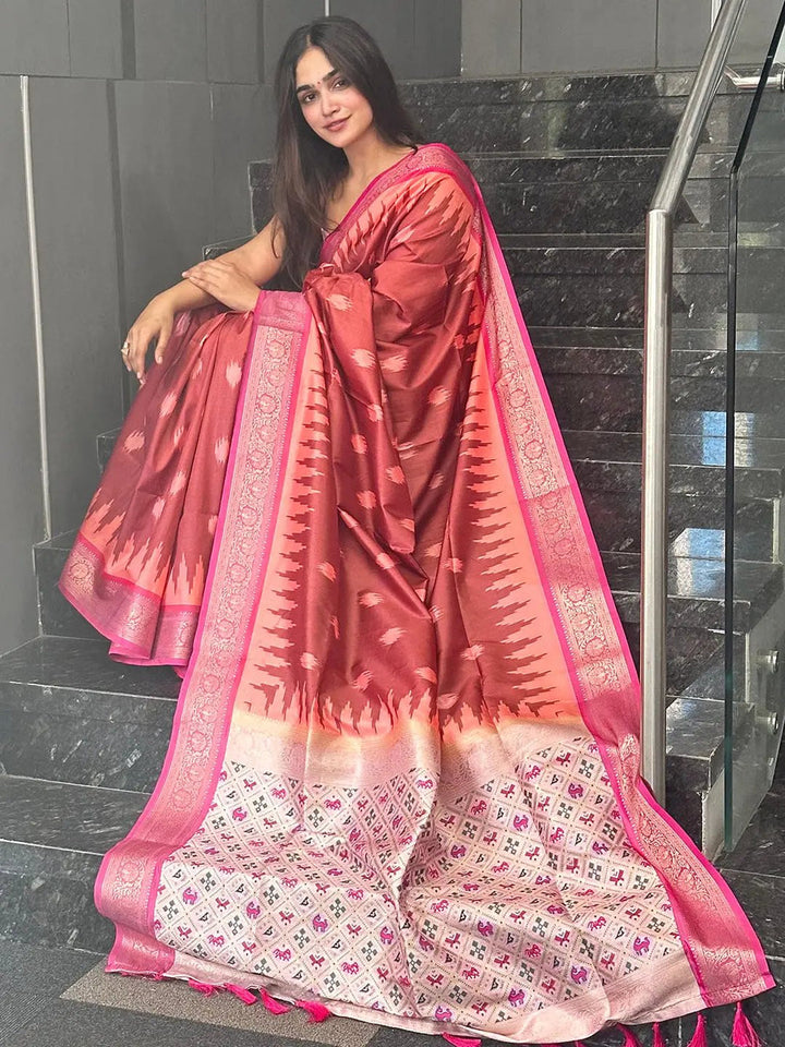 Premium Wine Pink Banarasi Silk Saree With Ikat Weaving & Rich Designer Pallu