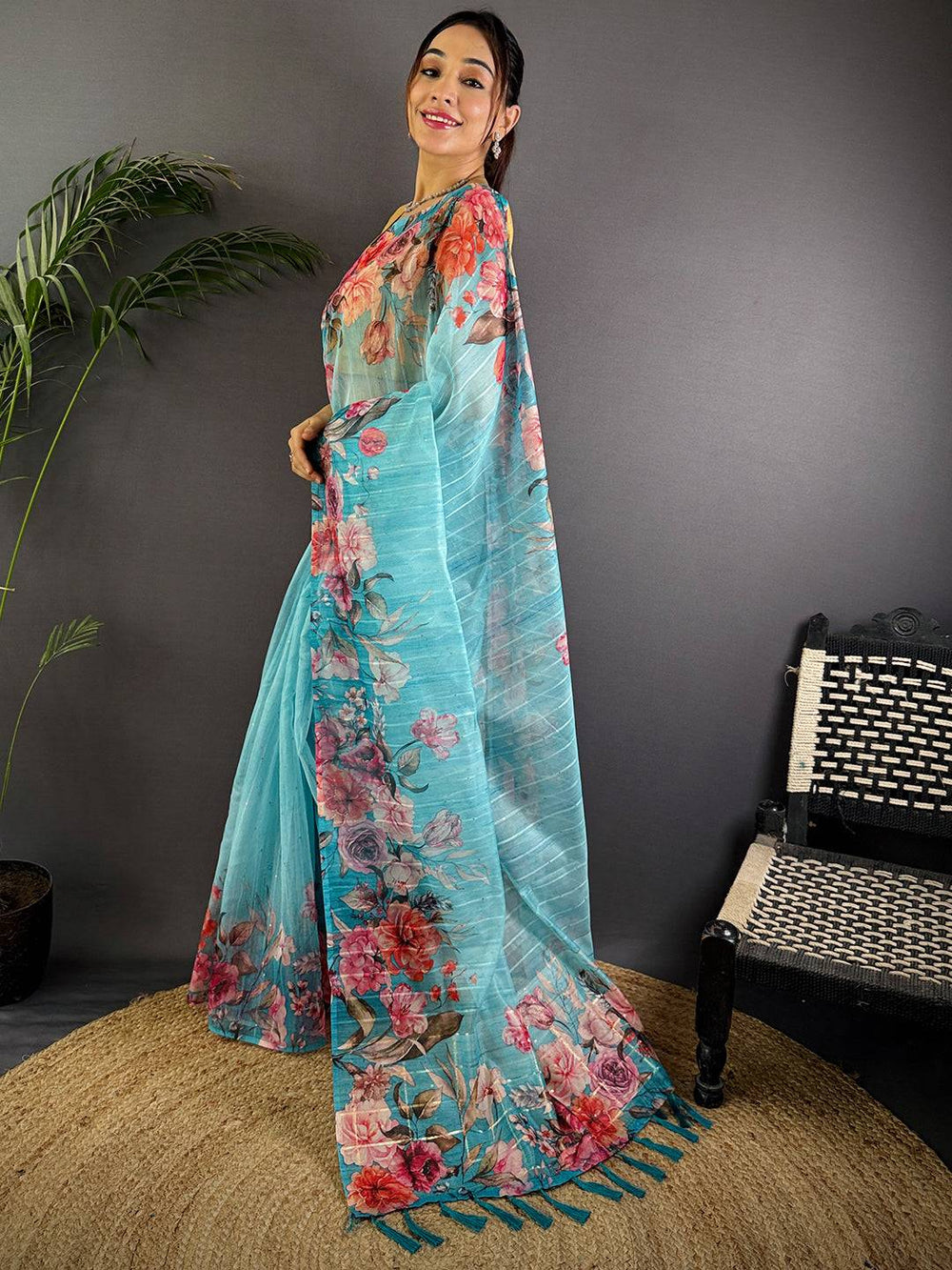 Sky Blue Soft Silk Saree with Vibrant Floral Digital Print and Tassel Pallu