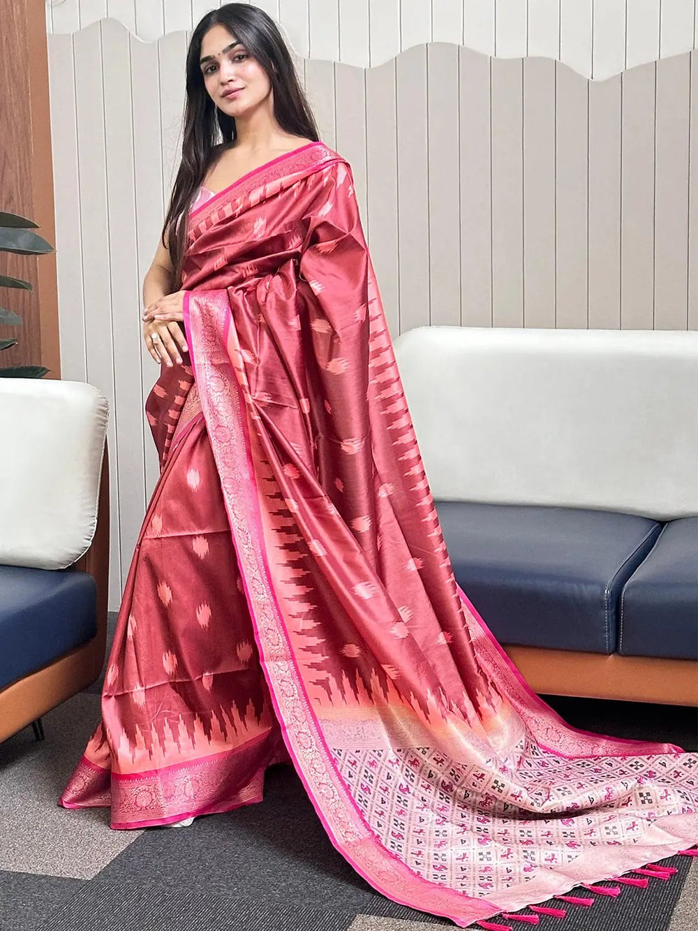 Premium Wine Pink Banarasi Silk Saree With Ikat Weaving & Rich Designer Pallu
