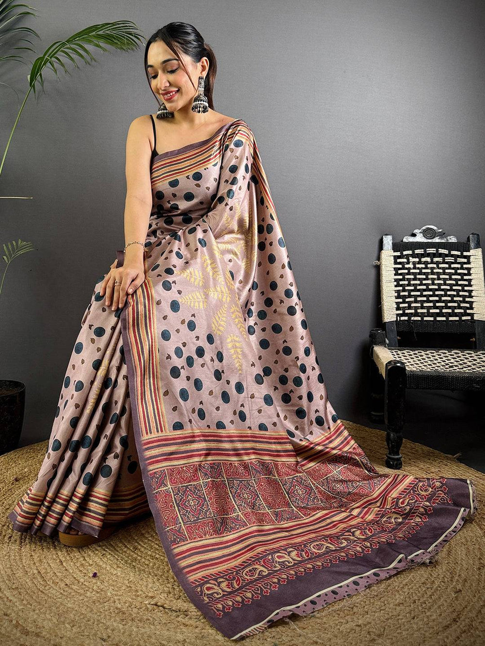Coffee Brown Soft Silk Saree with Black Polka Digital Print and Traditional Multicolor Woven Border