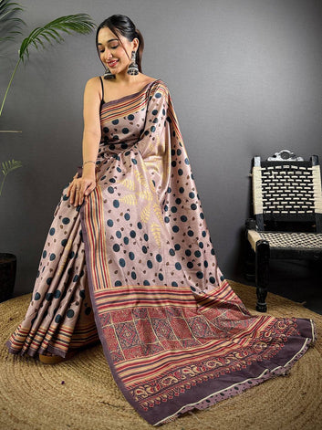 Coffee Brown Soft Silk Saree with Black Polka Digital Print and Traditional Multicolor Woven Border