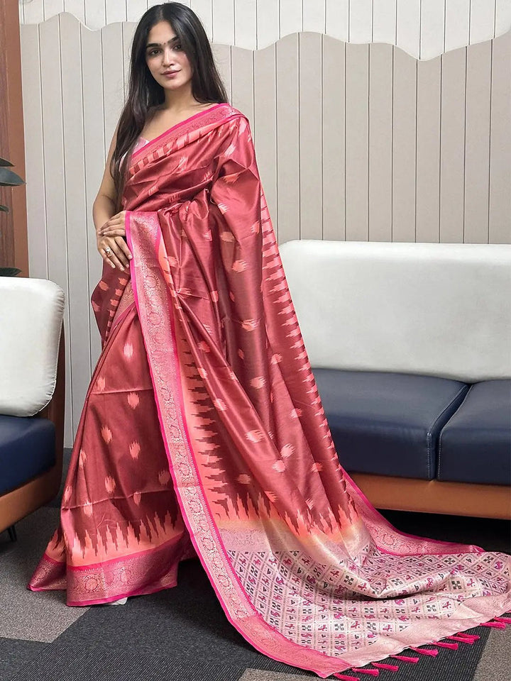 Premium Wine Pink Banarasi Silk Saree With Ikat Weaving & Rich Designer Pallu