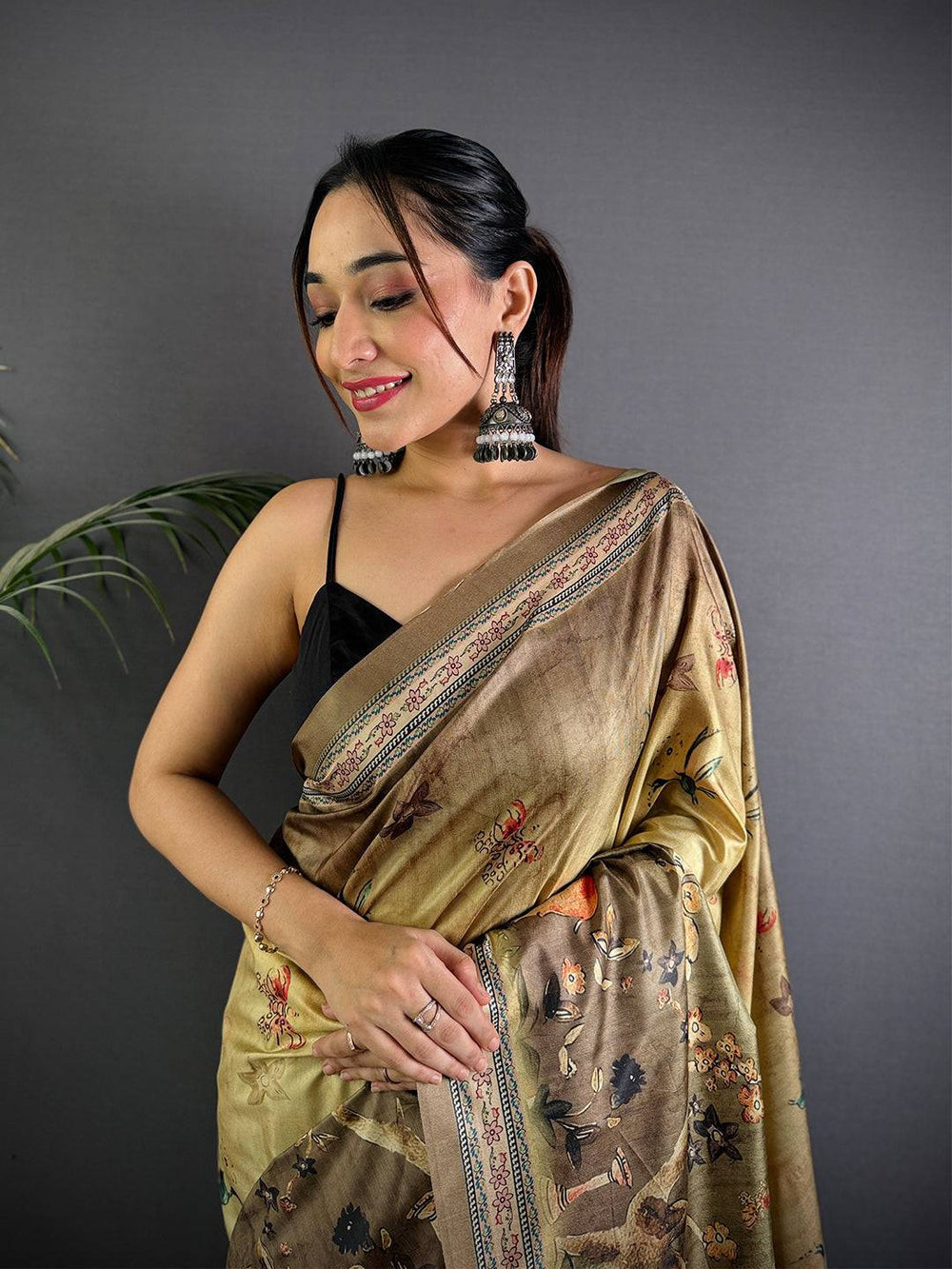 Olive Brown Soft Silk Saree with Digital Kalamkari–Style Artwork and Traditional Woven Border