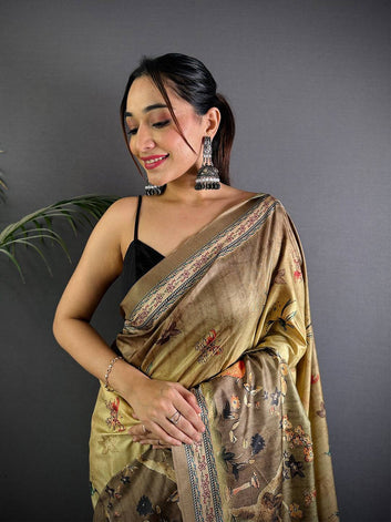 Olive Brown Soft Silk Saree with Digital Kalamkari–Style Artwork and Traditional Woven Border