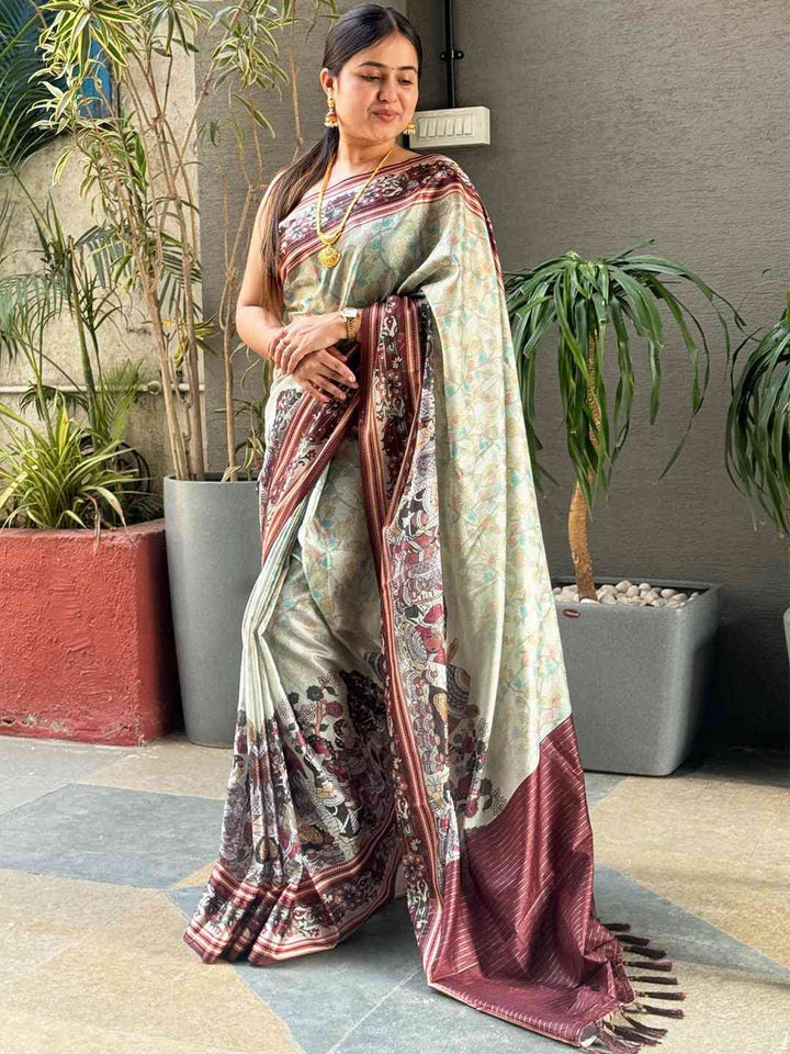 Elegant Grey & Maroon Linen Silk Saree with Digital Floral Print & Contrast Border
