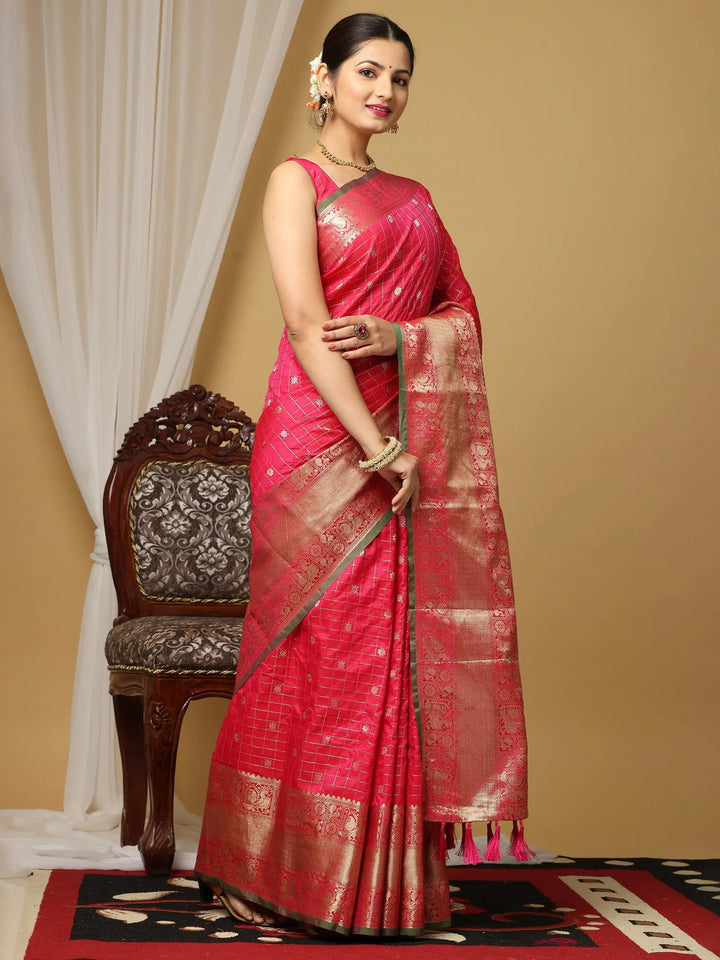 Pink Banarasi Silk Saree with Golden Zari Weaving & Rich Pallu