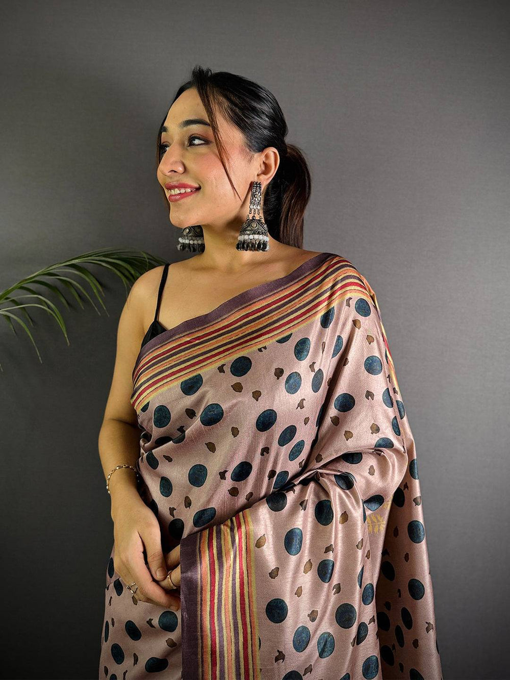 Coffee Brown Soft Silk Saree with Black Polka Digital Print and Traditional Multicolor Woven Border