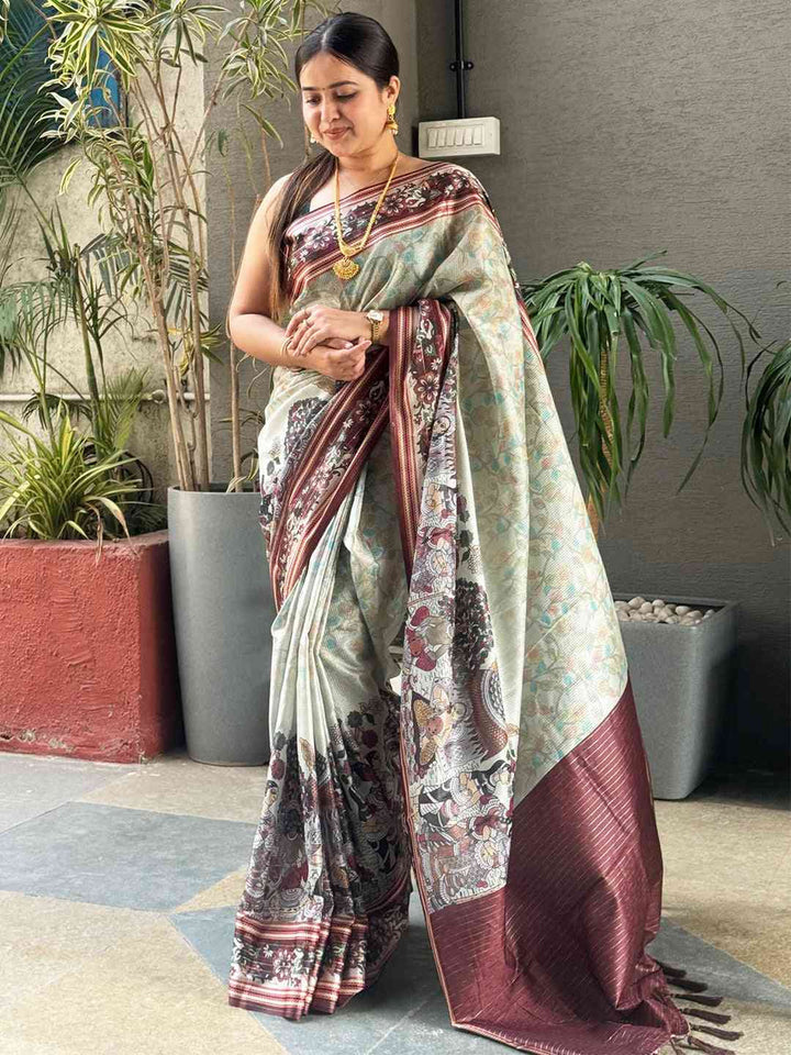 Elegant Grey & Maroon Linen Silk Saree with Digital Floral Print & Contrast Border