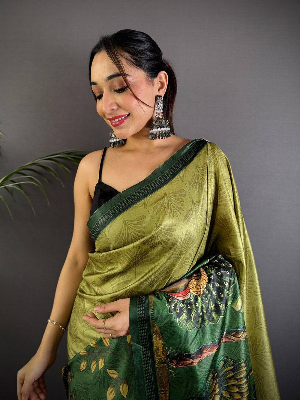 Olive Green Soft Silk Saree with Forest Themed Digital Print and Woven Green Border