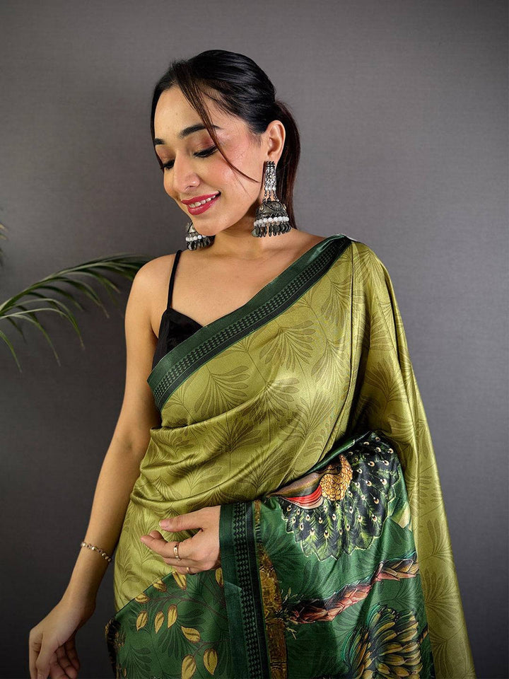 Olive Green Soft Silk Saree with Forest Themed Digital Print and Woven Green Border