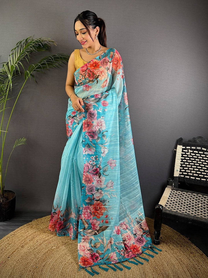 Sky Blue Soft Silk Saree with Vibrant Floral Digital Print and Tassel Pallu