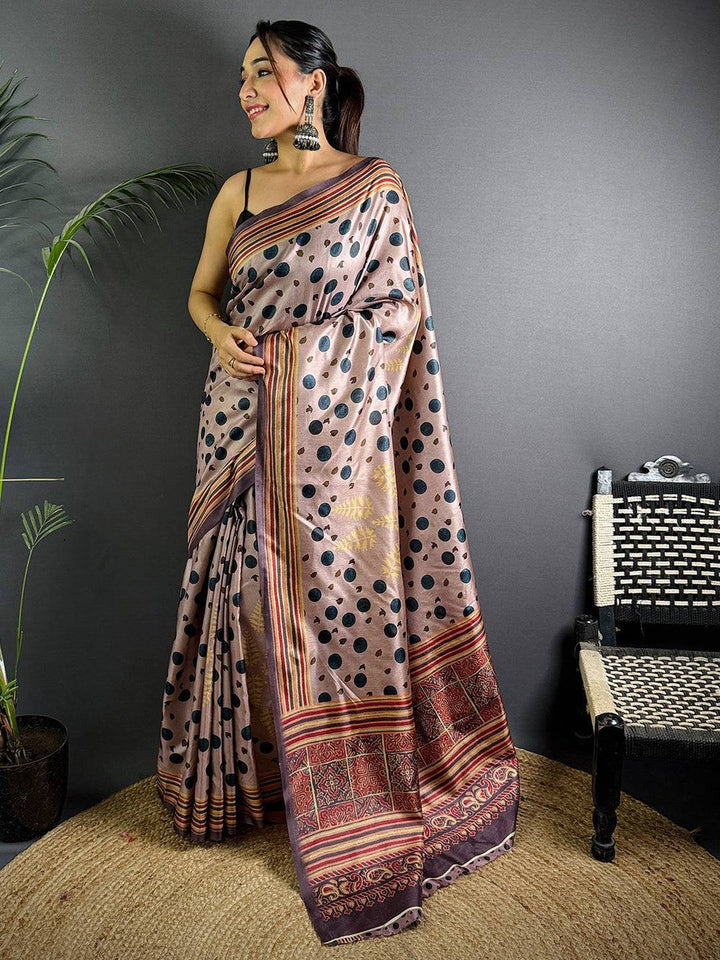Coffee Brown Soft Silk Saree with Black Polka Digital Print and Traditional Multicolor Woven Border