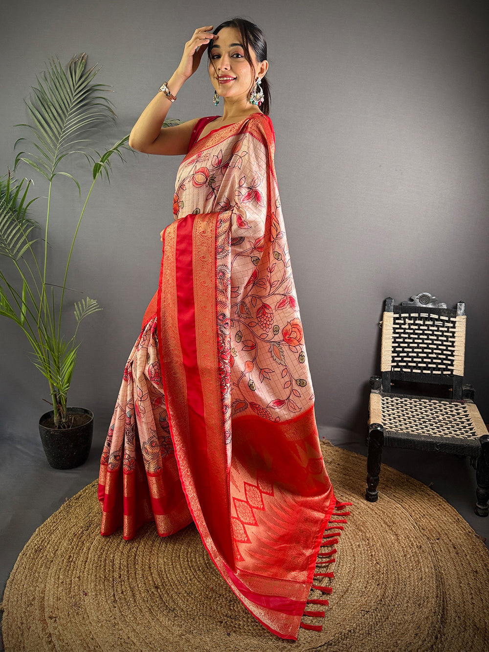 Red & Beige Soft Silk Saree with Floral Digital Print and Rich Zari Woven Pallu