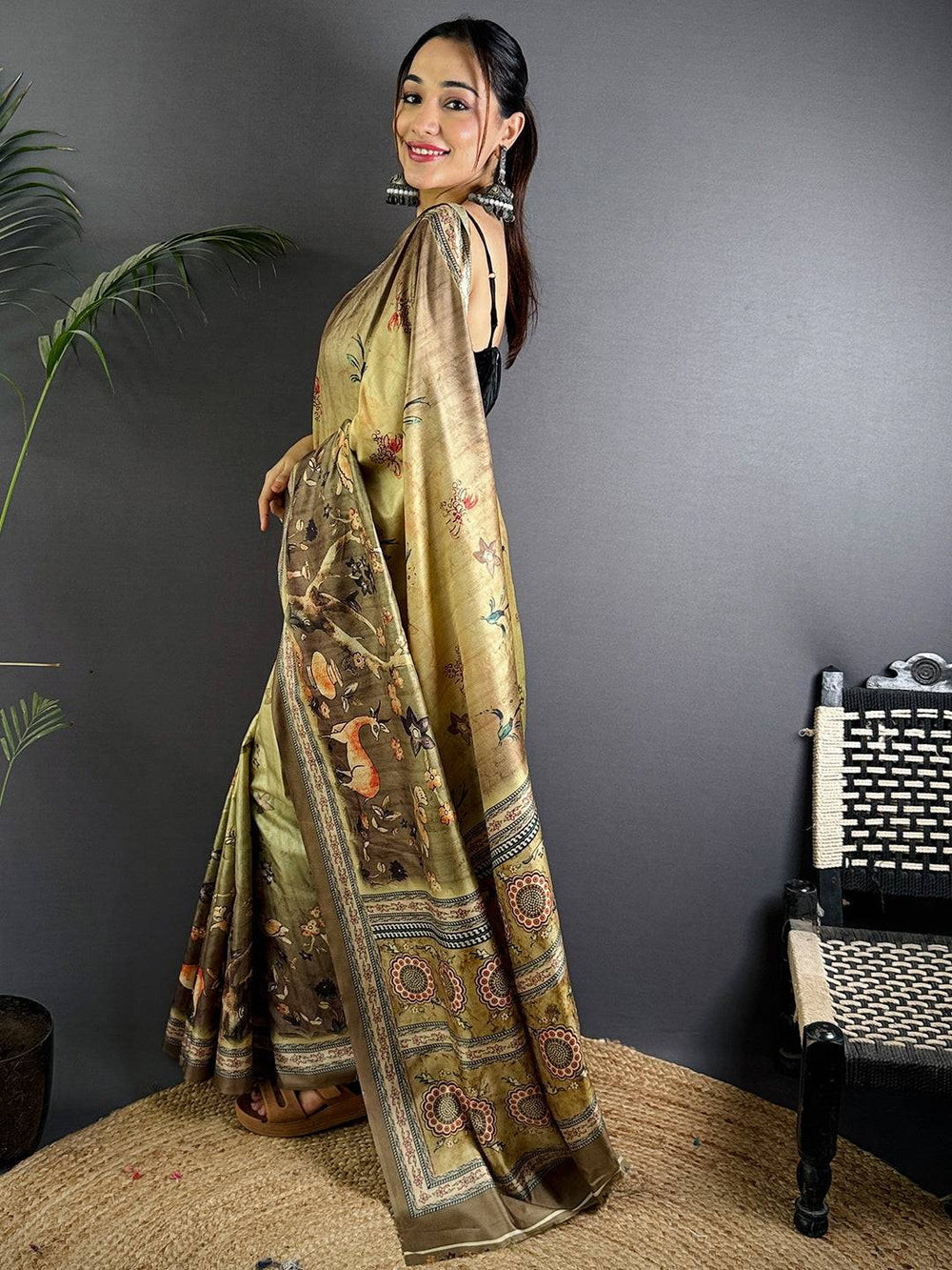 Olive Brown Soft Silk Saree with Digital Kalamkari–Style Artwork and Traditional Woven Border