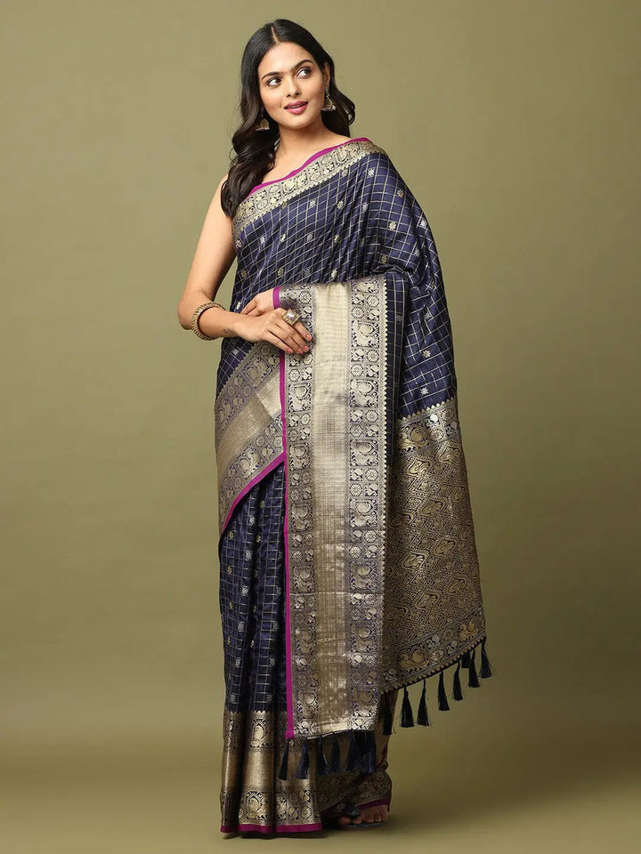 Navy Blue Banarasi Silk Saree with Golden Zari Weaving & Contrast Border